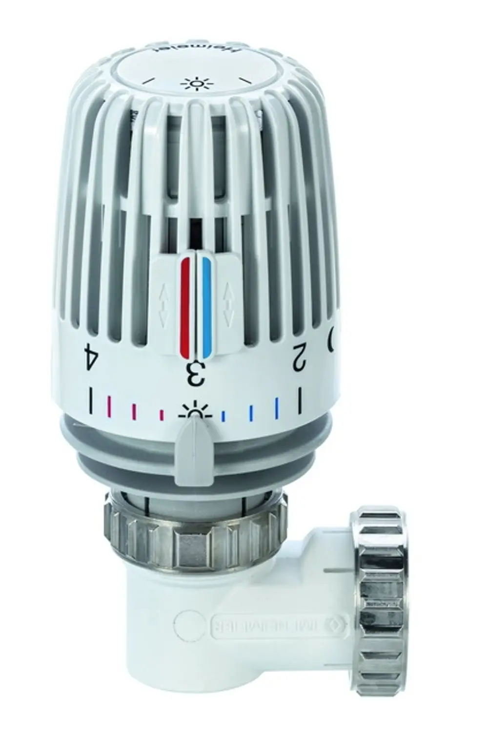 Thermostatkopf mit Winkelform von IMI Hydronic Engineering, mit Skala zur Temperatureinstellung, montiert auf einem Heizungsventil.
